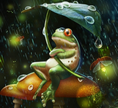 HAPPY FROG FOR DI - RAIN, FIREFLIES, LEAF, AMPHIBIAN, FROG