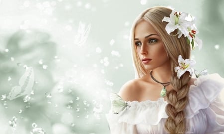 Face of Beauty - ethereal, Blonde, portrait, beauty, lovely, Fantasy girl, white, face, Lillies, softness