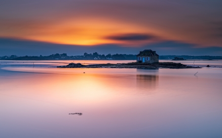 Lake House - clouds, house, lake, sky, sunset