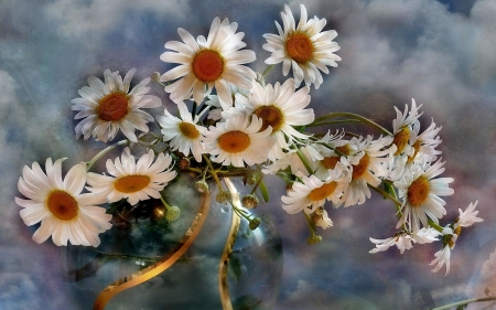 Chamomile Flower Bouquet - chamomiles, bouquet, buds, clouds, vase, sky, flowers