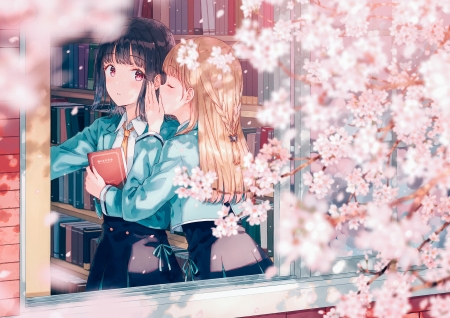 Secret Words - Red Eyes, Flowers, Anime Girl, Blushing, Anime, Anime Friends, Seifuku, Classmates, Blonde, Black Hair, Petals, Butterfly Ornament, Window, Book, Friends, School Uniform, Big Eyes, Whisper