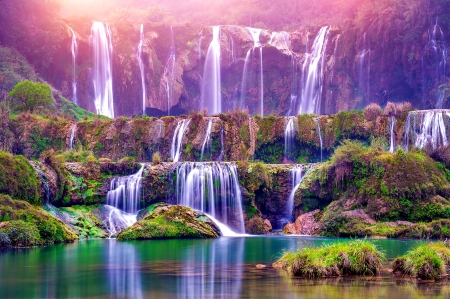 Waterfall cascades - cascades, waterfall, beautiful, rocks, lake