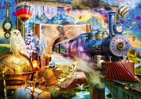 Heavenly Journey - hat, locomotive, book, owl, river, ice, train, glasses, digital, balloons, tunnel, mountains, art