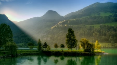 peaceful lake - trees, hills, lake, sunup, park