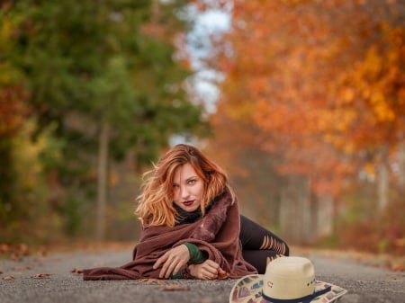 Lonesome Trail - cowgirls, trees, hats, road, ranch, redheads