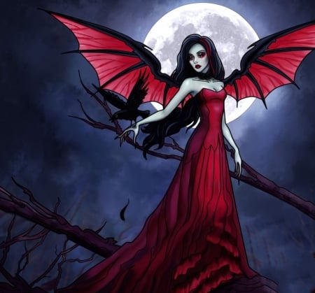 ANGEL IN RED - WINGS, DRESS, SKY, GOTHIC, MOON, BIRDS, RED, NIGHT, ANGEL