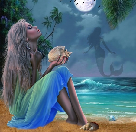 SIREN SONG - beach, female, mermaid, moon, ocean, seashell, waves
