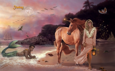 FANTASY - beach, birds, dress, fantasy, female, merman, ocean, ship, unicorn, waves