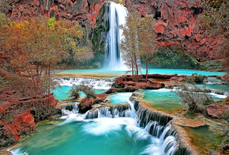 colourful falls - trees, pools, falls, plants, stones