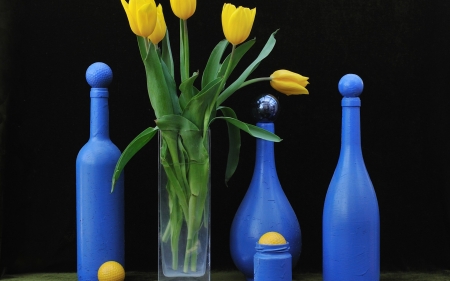 still life - bottle, flowers, still life, tulips