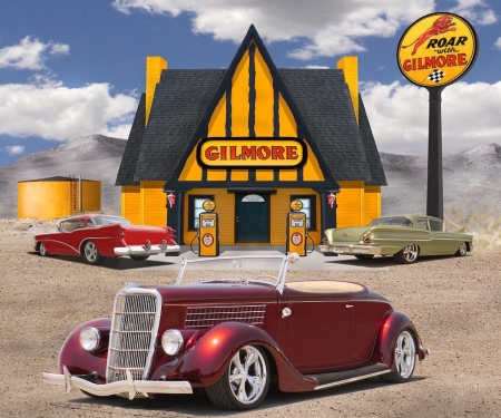 35 Ford Roadster at the Gilmore Station - customised, car, hot rod, collage, gas station