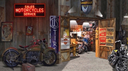 Outside the Motorcycle Shop - neon sign, shop, harley, repair, garage, motorbikes