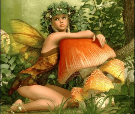 FAIRY - FOREST, WINGS, FAIRY, FEMALE, MUSHROOMS