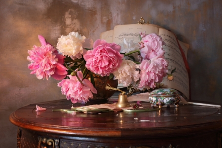 Still life with flowers - Box, Bell, Notes, Peonies