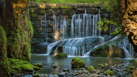 Forest waterfall - cascades, forest, waterfall, rocks