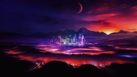 Planet gaia - space, planets, moons, universe, lights, city, mountains, stars