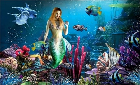 Mermaid - pretty, girl, sea, ocean, fantasy, siren, mermaid, digital, woman, fish, art