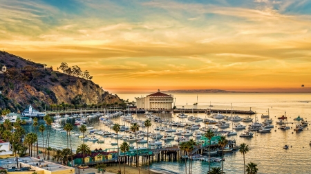 Crescent Beach On Catalina Island, California - clouds, boats, palms, museum, sea, colors, sky