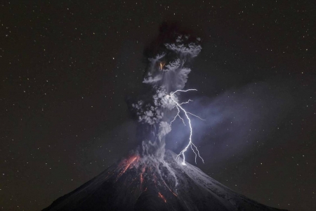 Colima Volcano Eruption at Night - fun, nature, volcano, forces of nature, cool, lightning