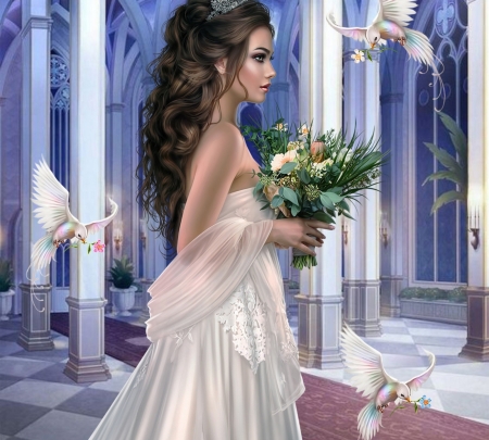 BEAUTIFUL DAY - birds, doves, dress, female, flowers, white