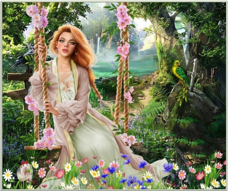 IN THE GARDEN - bird, dress, female, flowers, garden, swing