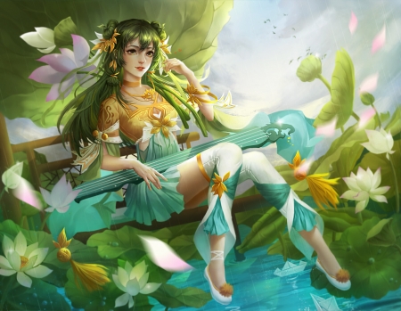 Fantasy girl - asian, blue, fantasy, fower, frumusete, girl, gorgeous, green, lotus, luminos, superb, zhuo qin