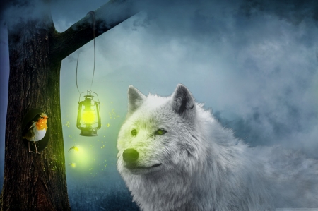 Ghost Wolf - artwork, digital, bird, lamp, predator, tree