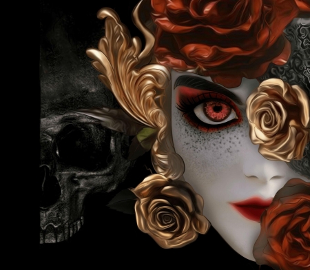 GOTHIC - GOLD, GOTHIC, EYE, FLOWERS, FACE, FEMALE, LIPS, SKULL, RED