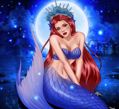 MERMAID - blue, female, mermaid, moon, night