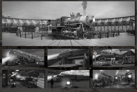 Steamers at Night - night, black and white, trains, steam, collage