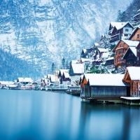 Snowy Houses on Lake Hallstatt, Austria