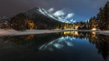 Winter Night at Lake Jasna (Slovenia) - night, winter, reflection, trees, nature, houses, lake