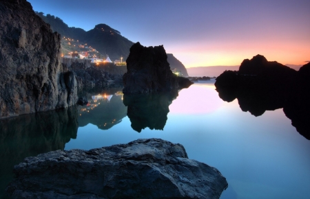 Ocean Sunset - town, rocks, beauty, stones, Portugal, trees, sky, nature, mountains, sunset, ocean