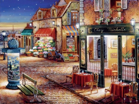 A Secret Corner of Paris - bench, florist, cafe, paris, painting, grocer, france