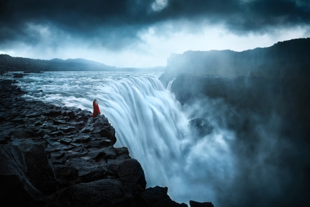 Women in Red at the Waterfall - dress, waterfall, rocks, model