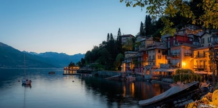 Lake Near The Mountains - trees, nature, lights, lake, houses, mountains