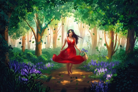 Red Riding Hood - red riding hood, fantasy, green, red, luminos, dress, forest, madeleineink