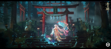 Fantasy girl - blue, day day painting studio, daydaypainting studio, evantai, fantasy, frumusete, girl, gorgeous, hand fan, luminos, pink, superb, temple