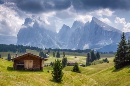 Dolomites, Italy - clouds, trees, cabin, landscape, sky