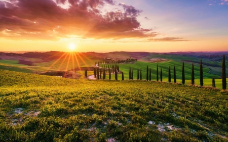 Val d'Orcia, Tuscany, Italy - hills, trees, landscape, clouds, sky, sun