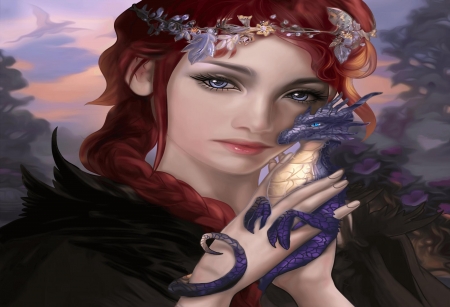 HER PET - dragon, eyes, face, female, hair, lips, red