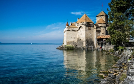 Castle Switzerland - nature, tower, chillon, lake, castle, sky