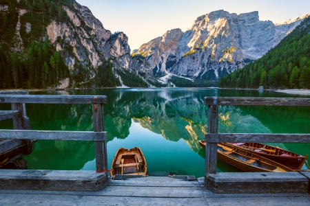 Lake Braies - Braies, dolomites, boat, reflection, mountain, pier, mirror, tranquility, Italy, serenity, lake, rocks