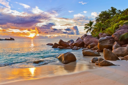 Rest in Seychelles - summer, beach, island, sunrise, reflection, sand, paradise, palms, beautiful, vacation, sea, ocean, rest, stones, Seychelles, tropics, sunset