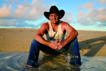 Cowboy Wading in Water - Country Music, Clouds, Music, Smile, Cowboy, Blue, Good Looking, Jeans, Hat, Sky, Muscles