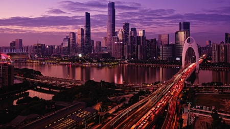 Guanzhou China - arch, buildings, city, cityscape, clouds, highway, lights, orange, purple, reflection, roadways, sky, water