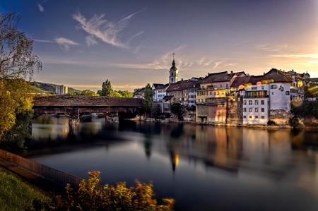 Bridges Over Rivers - river, nature, cities, evening, houses, bridge