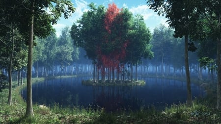 Forest - trees, graphics, nature, island, lake, forest, 3D