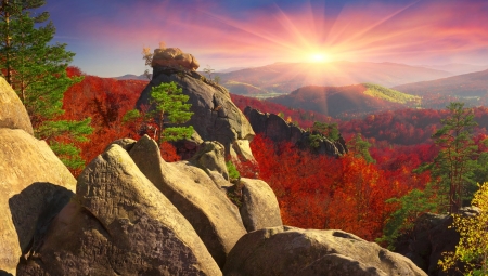 Autumn Sunset Over the Mountains - Mountains, Autumn, Sunset, Boulders, Foilage, Bright, Depth, Landscape, Trees, Red, Yellow, Leaves, Golden, Orange, Color, Blue, View, Sun, Glow