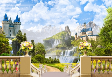 Castle waterfall - flowers, waterfall, beautiful, view, balcony, paradise, castle, sky